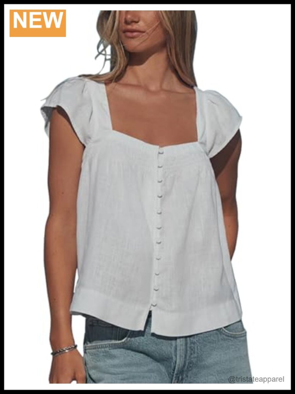 Women's Cotton Linen Square Neck Button Down Shirt, Flounce Sleeve Blouse